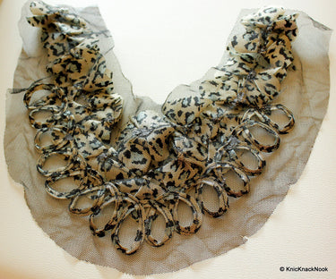 White, Blue And Black Leopard Print Satin Fabric Neck Collar Trim